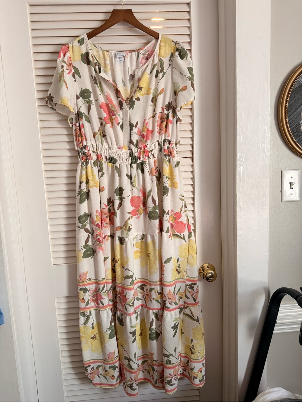 Nicole Miller Cream Floral Midi Dress with Pink & Yellow Blooms